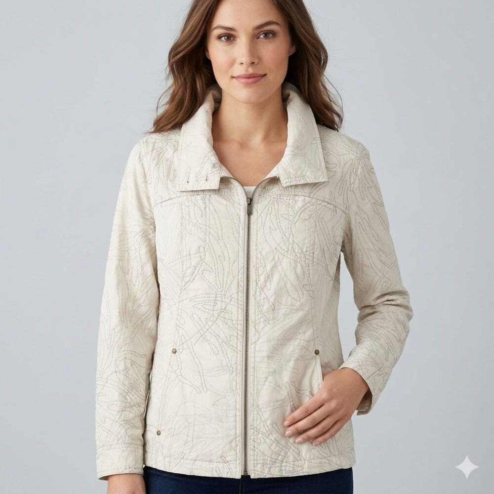Coldwater Creek Full Zip Embroidered Cotton Lightweight Tan Jacket Blazer SZ 22